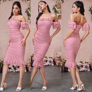 Off The Shoulder Flounce Sleeve Mermaid Hem Textured Dress